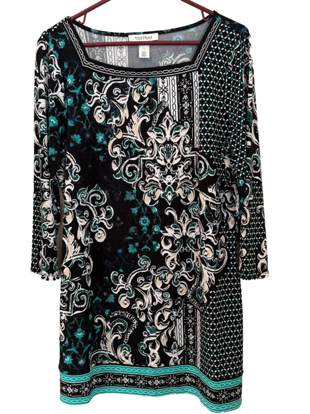 White House Black Market Tunic L Black Green Square Neck Geometric Boho Festival